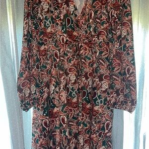 Paisley Print V-Neck Midi Dress in Teal & Rust